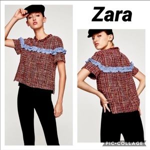 ZARA Tweed Top with Contrasting Ruffle